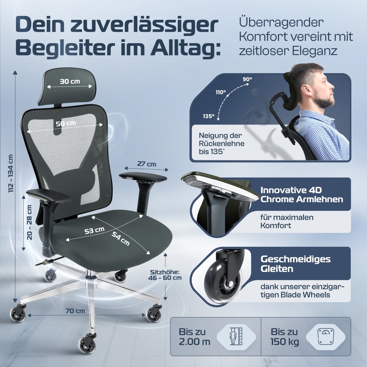 CLOUVOU CleverSeat - Ergonomischer Bürostuhl "Zeitloses Design trifft auf unschlagbare Qualität" - Clouvou