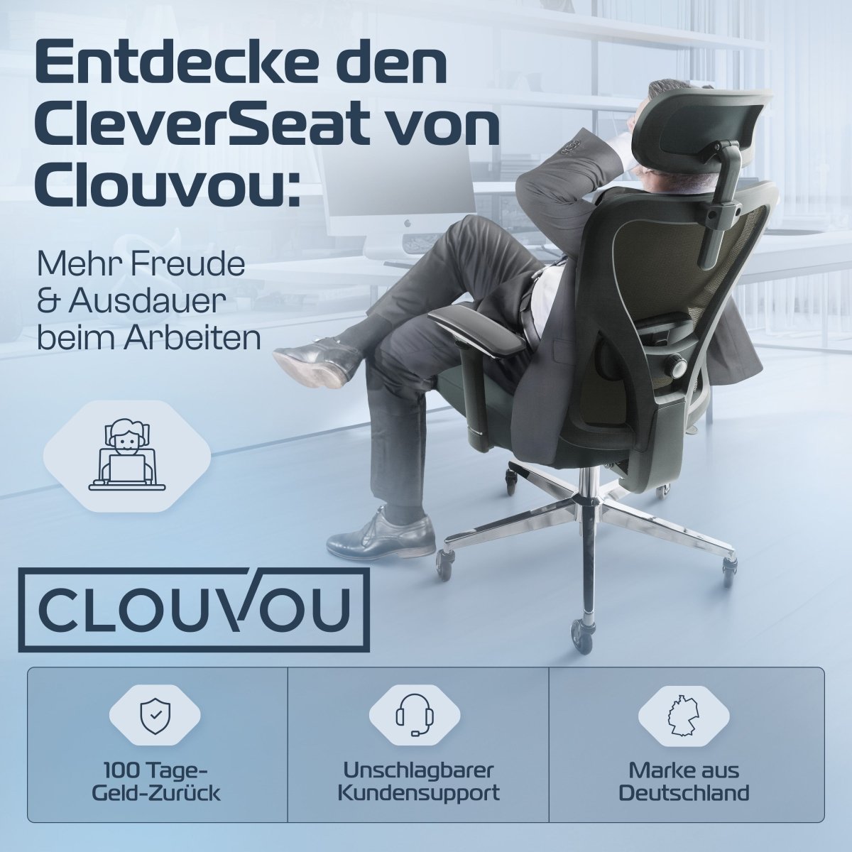 CLOUVOU CleverSeat - Ergonomischer Bürostuhl "Zeitloses Design trifft auf unschlagbare Qualität" - Clouvou